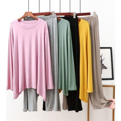 New Modal Pajamas Womens Casual Sleepwear Set Top Women Solid Pajama Set 2Piece/Suit Full Sleeves Shirt Pant Mom Homewear