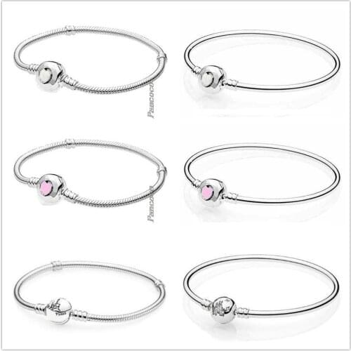 Original 925 Sterling Silver Bracelet Pink Wonderful Love Heart Clasp Snake Chain Bangle Fit Bead Charm Diy Fashion Jewelry