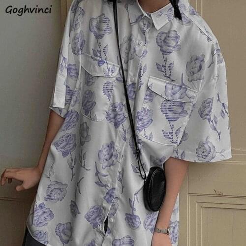 Shirt Women Vintage Harajuku Tops Short Sleeve Streetwear Female Student Unisex Pockets Turn-down Collar Floral Retro All-match