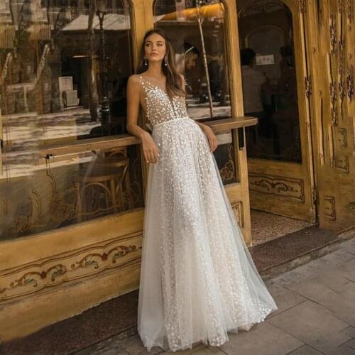A-line See Through Back Wedding Dress For Women Tulle Appliqued Backless Sexy Vestido De Noiva Floor Length Gowns Bride Dresses