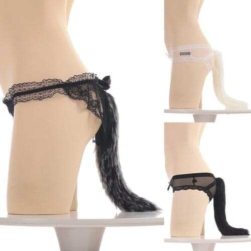 Sexy Fox Tail Underwear Women Erotic Lace Panties Cosplay Thong T-back Plush Long Tail Briefs Girl Cute Lingerie G-String