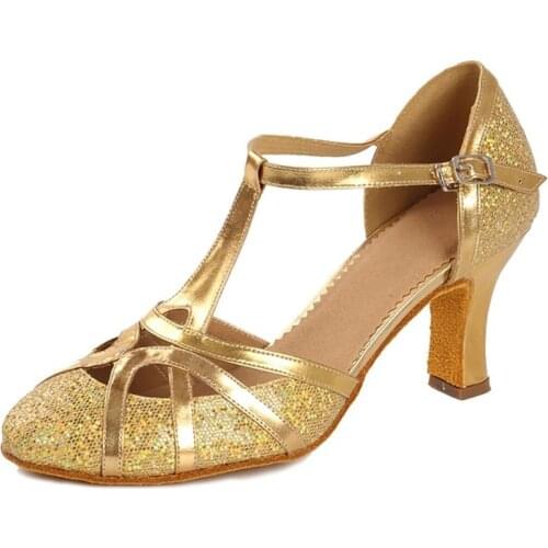USHINE heel 7cm /5 cm gold glitters Zapatos Salsa Mujer ballroom Zapatos De Baile Latino Mujer ballroom Latin dance shoes woman