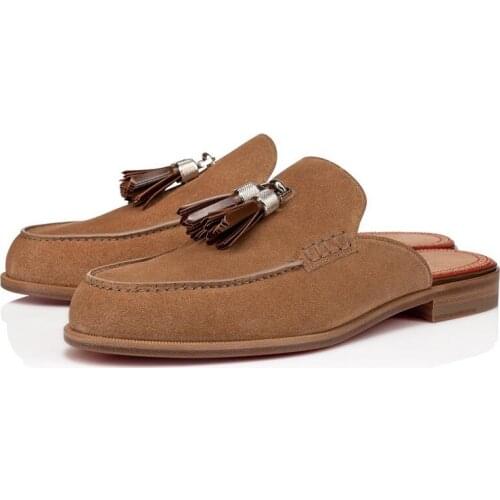 SHOOEGLE Men Fashion Suede Slippers Mule Shoes Slip-on Loafers Tassel Rivet Silver Metal Decor Outdoor Casual Handmade Shoes