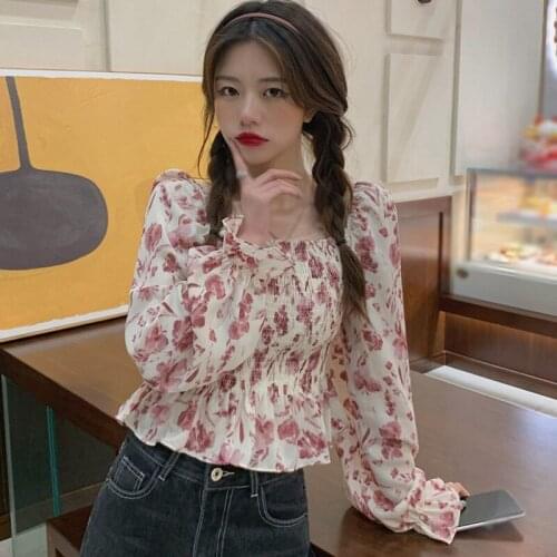 Women Floral Print Long Sleeve Blouse Tops Streetwear Casual Chiffon Square Neck Shirts Vintage Sexy Shirt Tops Top