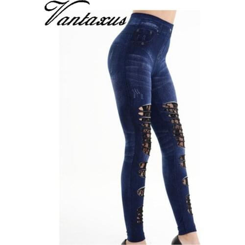 Ladies Fitness immitation denim Pants ripped lace Floral Stretched leggings punk night bar club casual blue leggings
