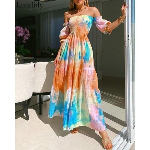Women Tie Dye Print Off Shoulder Frill Hem Shirring Design Maxi Dress Vintage Dress Vestido
