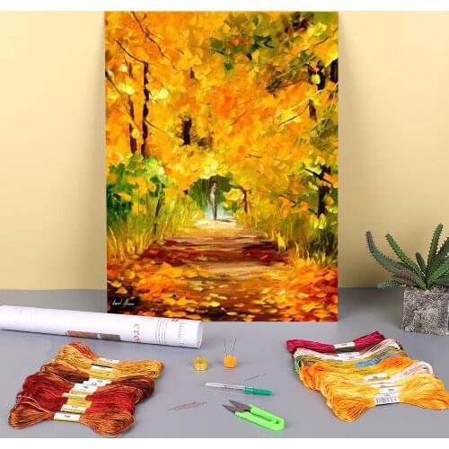 Golden Fall Pre-Printed 11CT Cross Stitch DIY Embroidery Kit DMC Threads Needlework Sewing Craft Handiwork Gift Mulina