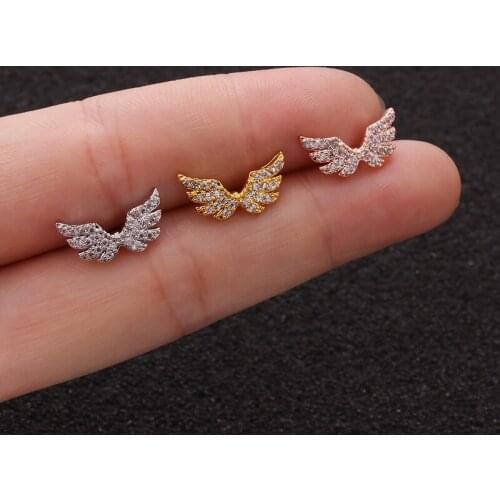 1PC Punk Cz Angel Wings Cartilage Earring Women Stainless Steel Zircon Small Stud Earring Helix Screw Back Ear Piercing Jewelry