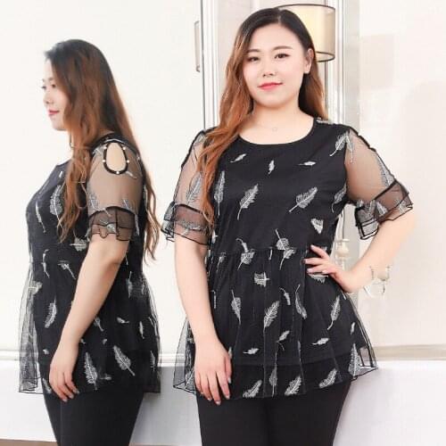 4XL To 10XL Plus Size Women Blouses Hollow Out Short Sleeve Casual Summer Shirts Feather Embroidery Blusas Mujer De Moda 59T066