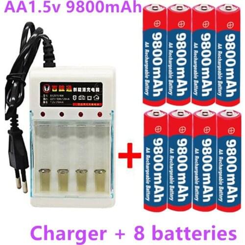 8pcs New Tag AA battery 9800 mah rechargeable battery AA 1.5 V Rechargeable New Alcalinas drummey +1pcs 4-cell battery charger