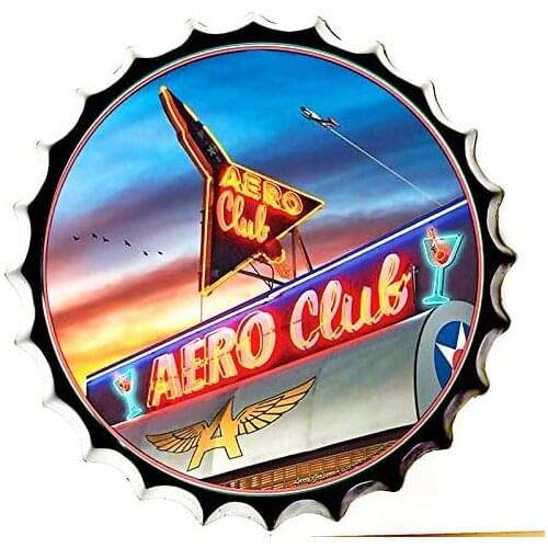 Retro Sign Aero Club Bottle Caps Retro Metal Tin Sign Diameter Handcrafts Home Decor Bar Plaque Lounge Man Cave Garage