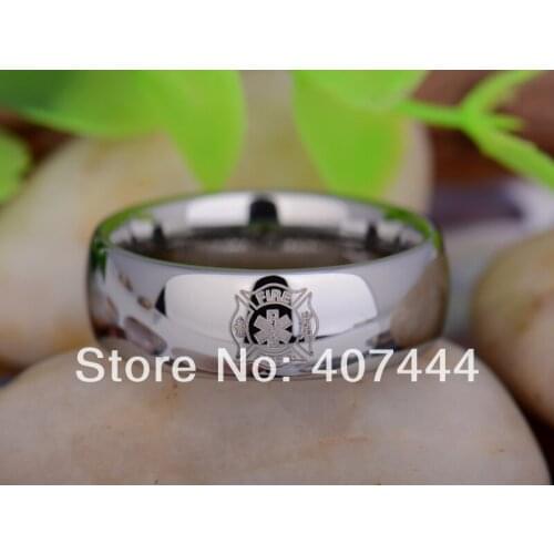 Free Shipping YGK JEWELRY Hot Sales 8MM Shiny Silver Dome Firefighter Medical Mens Tungsten Carbide Wedding Ring