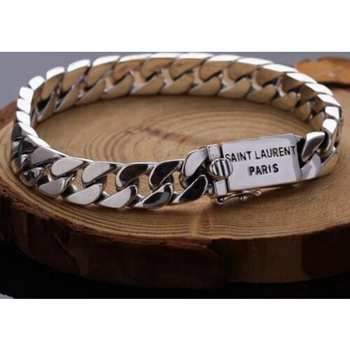 Solid Sterling Silver Curb Link Bracelet Clasp Buckle Heavy Fashion Punk Bangle Chain Vintage Jewelry Gift for Men 17-20cm