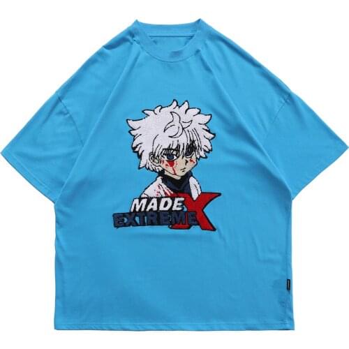 Anime Hunter Print Harajuku Tshirts Men Streetwear Hip Hop T-Shirts 2021 Summer Cotton Tops Tees Loose Short Sleeve Shirts Black