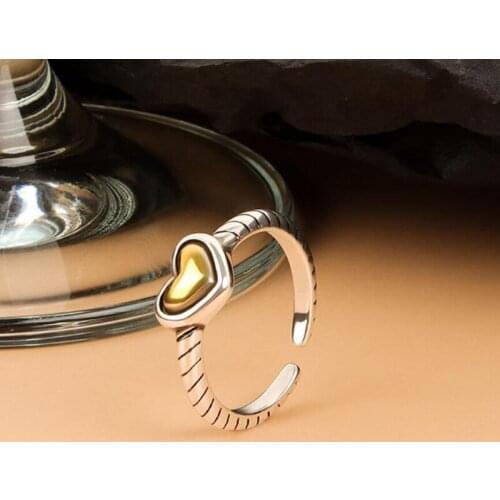 Cute Vintage Yellow Love Heart Ring For Women Silver Color Valentines Day Jewelry Open Size Finger Accessories Girl Gift