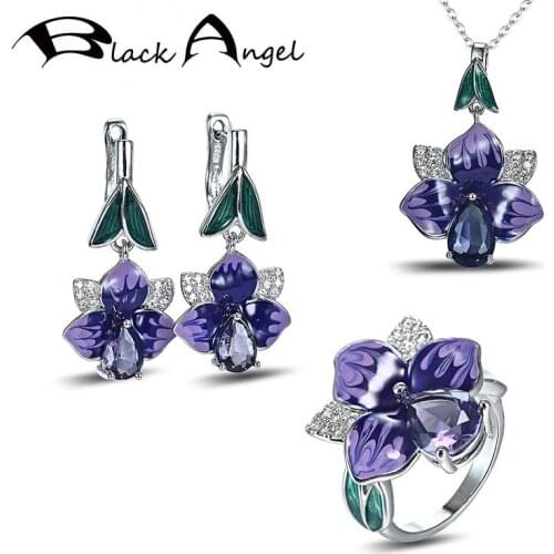 BLACK ANGEL 2020 New Fashion Jewelry Set 925 Silver Purple Enamel Russia Flowers Amethyst CZ Necklace Ring Clip Earrings Gift