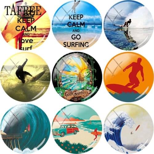 TAFREE Keep Calm and Go Surfing 25mm Round Glass Cabochon & Glass Gems Photo Dome Jewelry Finding Cameo Pendant Settings