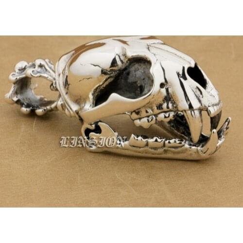 LINSION Huge Heavy 925 Sterling Silver Tusk Fang Tiger Lion King Skull Mens Boys Biker Rock Punk Pendant 9T024