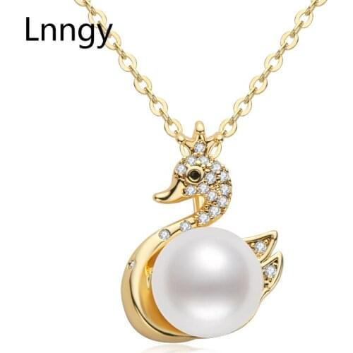 Lnngy 14K Gold Filled 9.5-10mm Natural Freshwater Pearl Exquisite Swan Pendant Necklace for Women Engagement Chain Swan Necklace