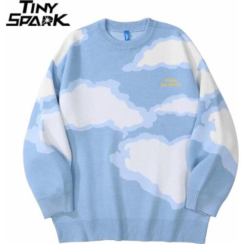 Men Hip Hop Streetwear Knitted Sweater Harajuku Cloud Embroidery Letter Pullover 2021 Autumn Cotton Casual Sweater Blue Black