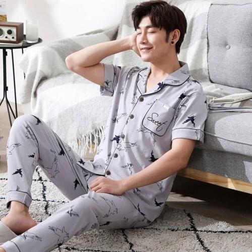 Male Pajama Set Soft Nightgown For Men Pyjamas Sleep Lounge Big Size L-3XL Cotton Pajamas Shorts For Men Summer Sleepwear