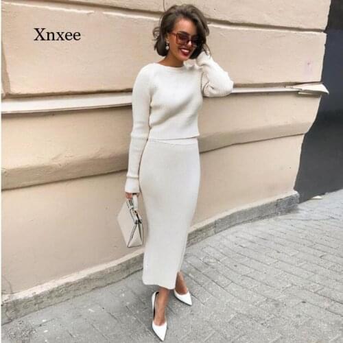 2021 Autumn and Winter Womens Knitted Sweater Skirt Two-Piece Womens Slim Short Top Womens Sweater Skirt Suit