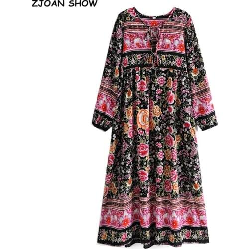 Holiday Bandage Lacing up Collar Contrast color Flower Print Dress BOHO Woman Long Sleeve Maxi Long Bohemian Dresses Beach