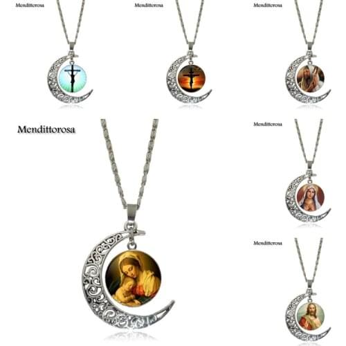 Mendittorosa Necklace Fashion Long Chain With Crescent Shaped Necklace Jewelry Jesus Portrait Cross Virgin Mary