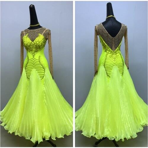 Ballroom dance dress ballroom dance competition dresses fluorescence Green Modern Waltz Tango Dance Dress pleated skirt