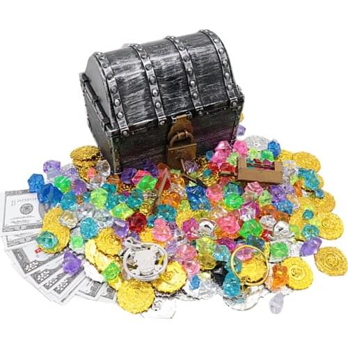 Props Gift Kids Toy Pirate Treasure Chest Gems Gold Coins With Lock Trinket Jewelry Storage Box Antique Playset Party Favors