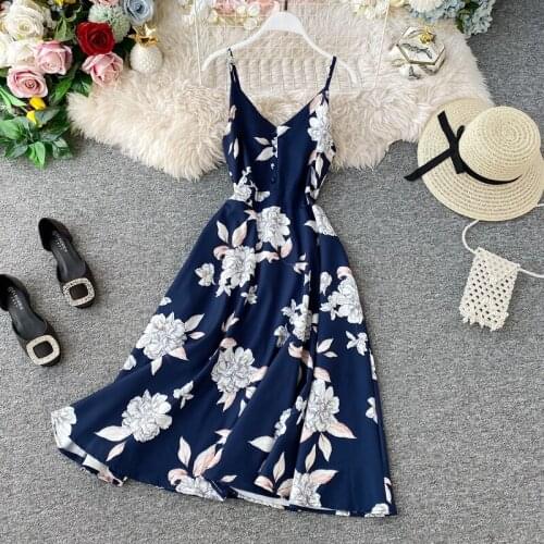 Holiday floral print women spaghetti strap dress summer High waist female backless midi dresses Sexy beach dress