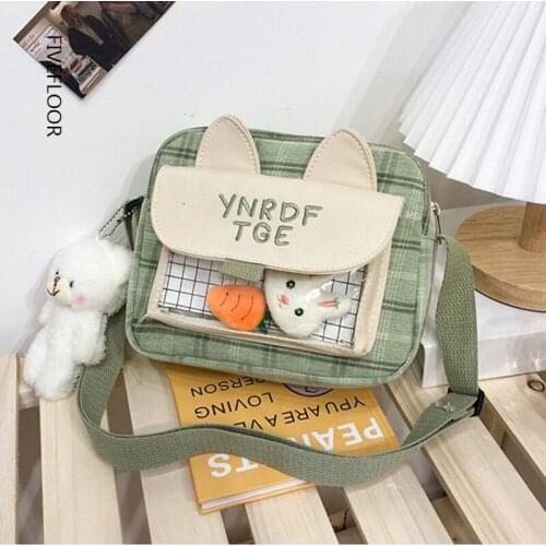 Cute Canvas Bucket Handbags Female 2021 New Shoulder Bags Simple Cartoon Girl Messenger Bags Alphabet Plush Toys Large Bags