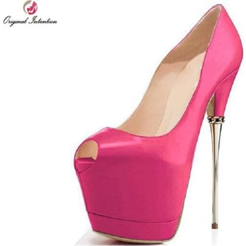 Original Intention Women Pumps Fashion Peep Toe Half Metal Stiletto Heels Pumps Black Pink Red Shoes Woman Plus US Size 4-15