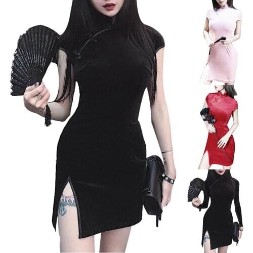 Chinese Women Solid Color Velvet Short/Long Sleeve Bodycon Cheongsam Mini Dress