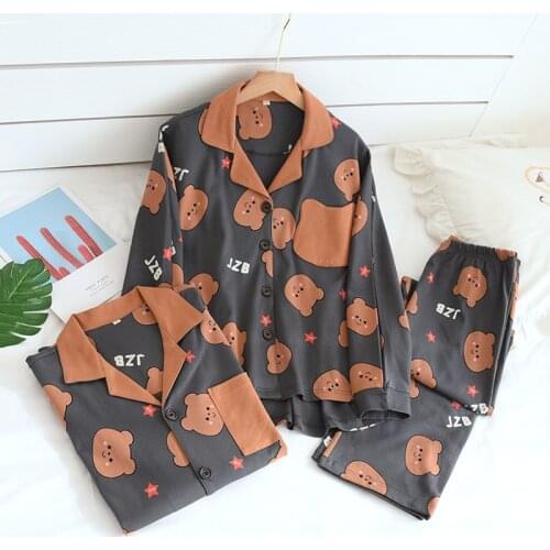 100% Pure cotton Spring Couple pajamas sets women Korean simple cute bear Exquisite long-sleeve pyjamas women men sleepwear