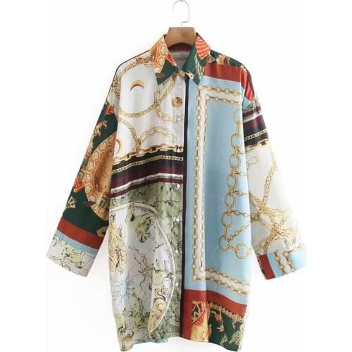 Za Women Shirts 2021 Fashion Streetwear Vintage Digitally Printed Patchwork Button Loose Shirt Ladies Tops Camisas Mujer