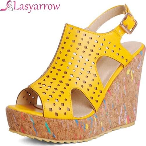 Lasyarrow 2021 Big Size 43 Women Sandals Peep Toe Buckle High Heels Wedges Sandals Hollow Out Platform Summer Party Shoes Woman