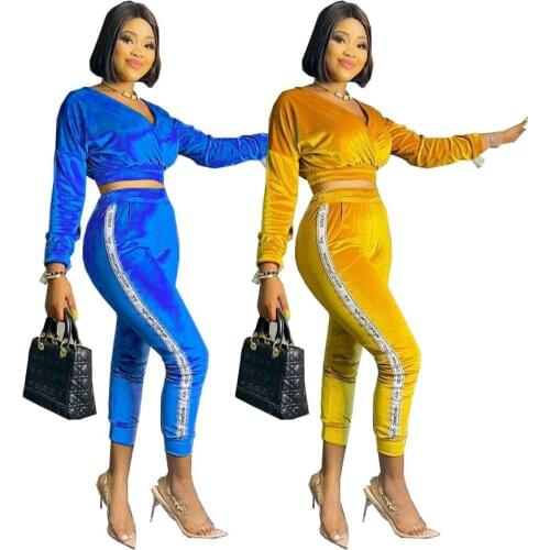 HOUSEOFSD Fashion Casual Sweatsuit Womens Set V-Neck Crop Top High Waist Letters Pants Set Tracksuit Two Piece Set Outfits