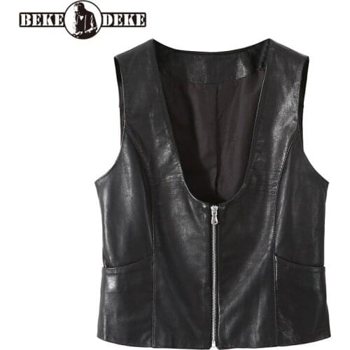 Sheepskin Vest Womens New Genuine Leather Sleeveless Black Short Slim Zippers Pockets Fashion Casual Korean Style Vest Jackets