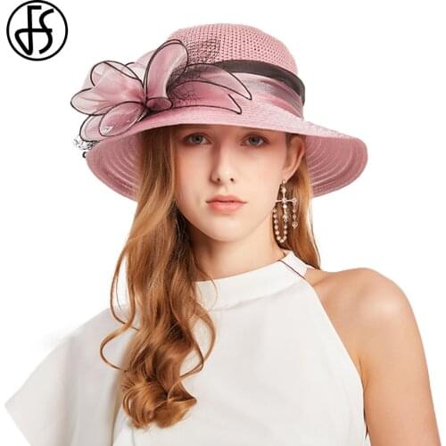 FS Elegant Wide Brim Church Kentucky Derby Dress Hats For Women Summer Sun Hats Woman Fedoras Organza Party Hat Lady Wedding Cap