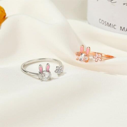 Korean Cute Bunny Ring for Women Sweet Rabbit Flower Opening Adjustable Finger Ring Fashion Trend Jewelry Girl Gift New 2021