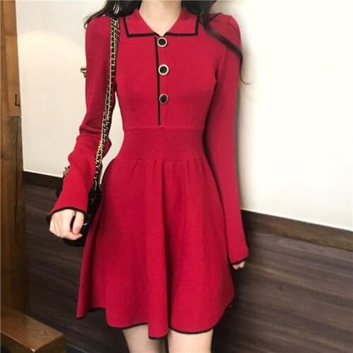 OUMENGKA Elegant 3 Button Breasted Women Sweater Casual Dress O-neck Full Sleeve A-Line Stretch Vestidos Female Above Knee Length Knitted Red Black Dress 2019