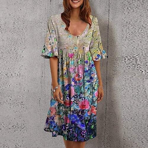 Vintage Summer Dresses For Women 2021 Cherry Shattered Flowers Bohemia Print Dress Loose Ruffles Short Sleeve Knee-Length Dress
