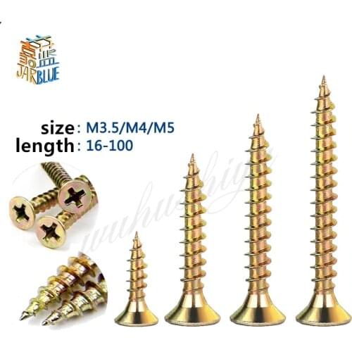 30pcs cross recessed countersunk fibreboard chipboard screws m3.5 m4 m5 yellow zinc coated flat head self tapping wood screw