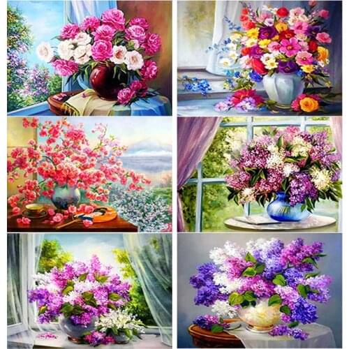 5D DIY Diamond Painting Full Square Round Drill Vase Diamond Embroidery Flower Scenery Cross Stitch Home Decor Manual Art Gift