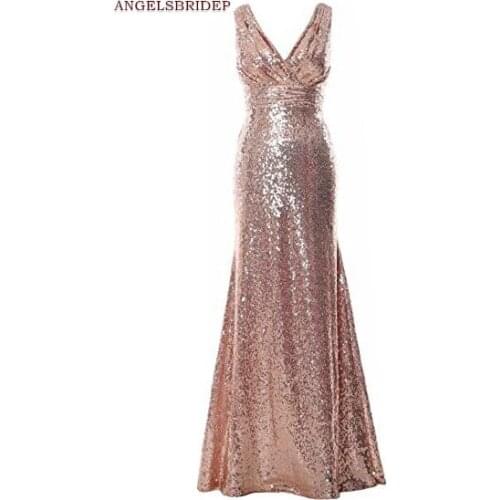 ANGELSBRIDEP V-Neck Mermaid Evening Party Gowns Sexy Backless Bling Bling Sequined Floor-Length Formal Celebrity Prom Dress