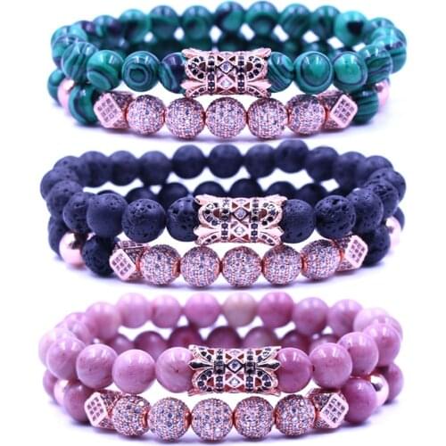 Natural Stone Unisex Beads Bangle Fashion Elastic Bracelet Rose Gold 8mm Alloy Ball Curved Tube Micro Inset Zircon Jewelry 2/Set