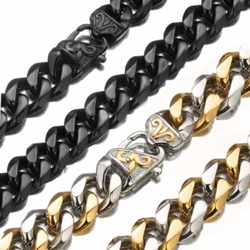 13/15mm Wide Hip-hop Stainless Steel Silver Color/Gold/Black Cuban Curb Chain Mens Womens Necklace Or Bracelet 7-40inch Optional