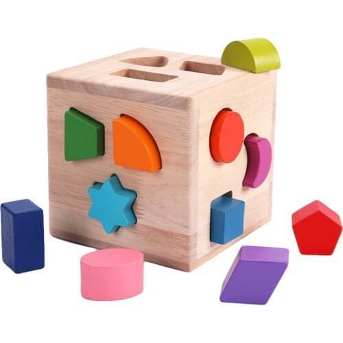 Baby Wooden Building Blocks Intelligence Box Shape Sorter Toy With 12 Geometric Shape Blocks Kids Educational Montessori Toy