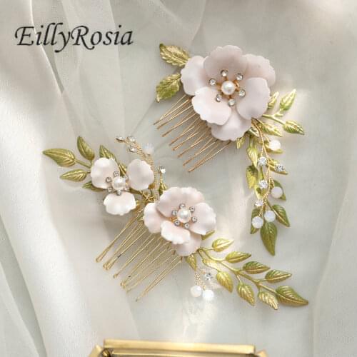EillyRosia Flower Bridal Headwear Comb Pink Gold Beautiful Fairy Photography Hair Accessories Women European Wedding Headdress